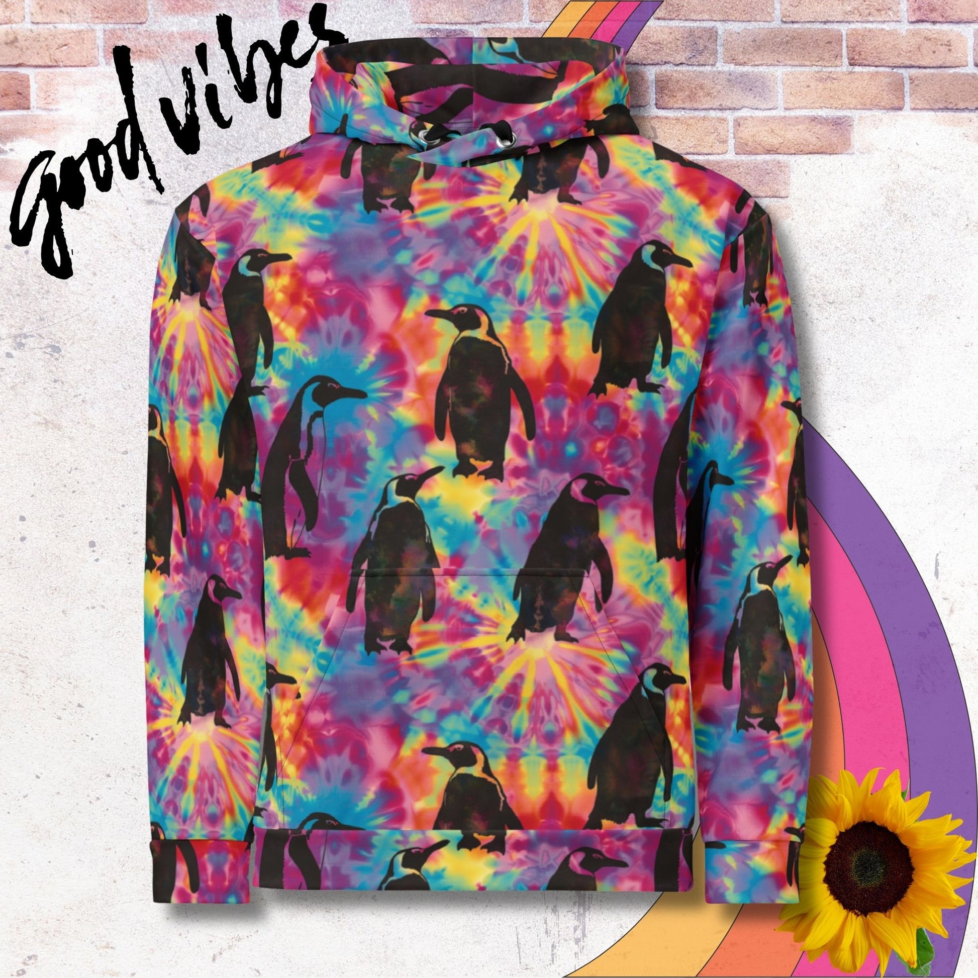 All over print unisex hoodie. Rainbow tie dye with black silhouettes of emperor penguins