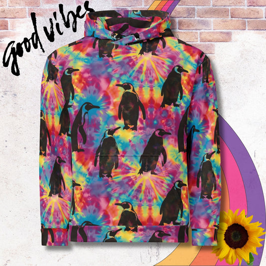 All over print unisex hoodie. Rainbow tie dye with black silhouettes of emperor penguins