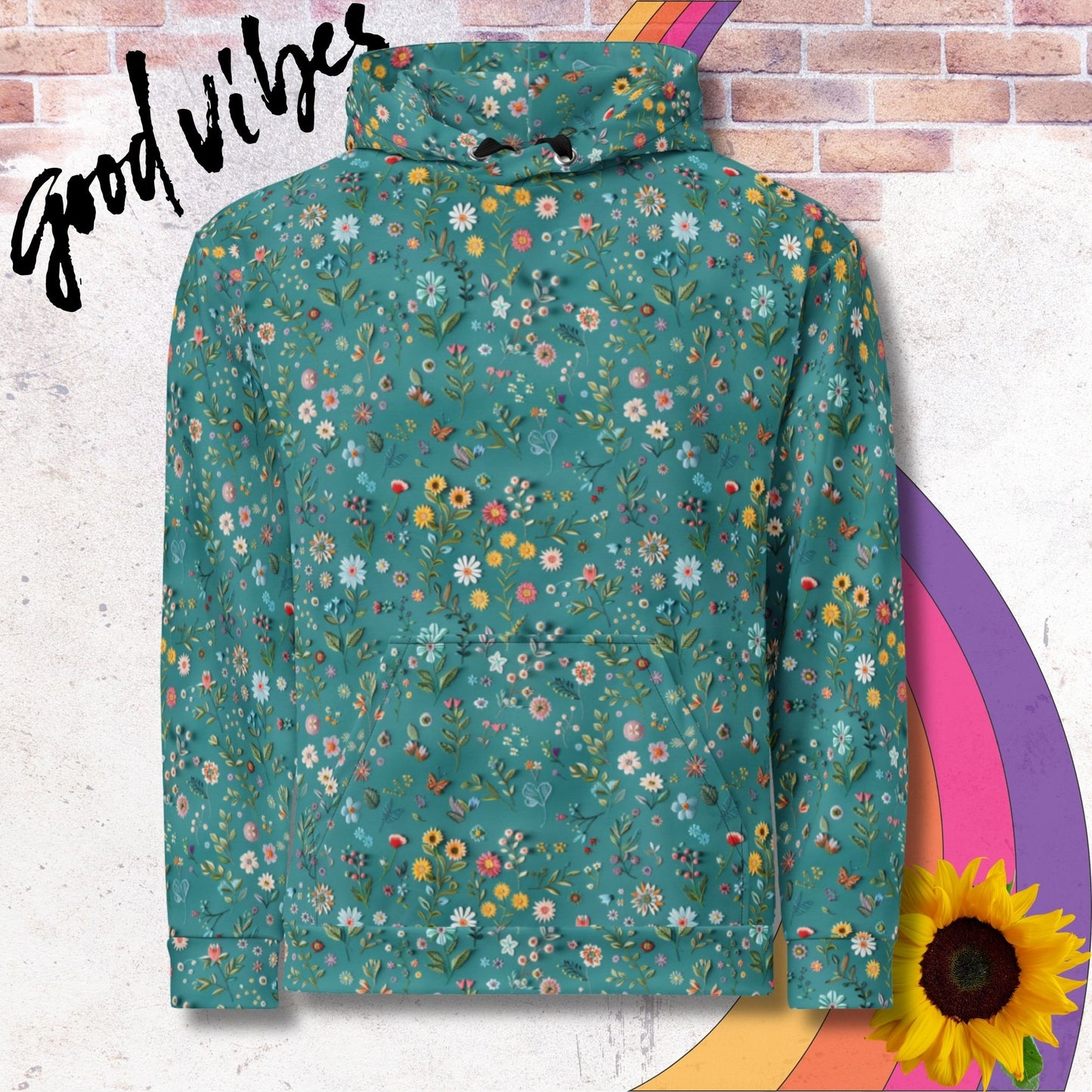 All over print unisex hoodie. Embroidered style florals on light green background