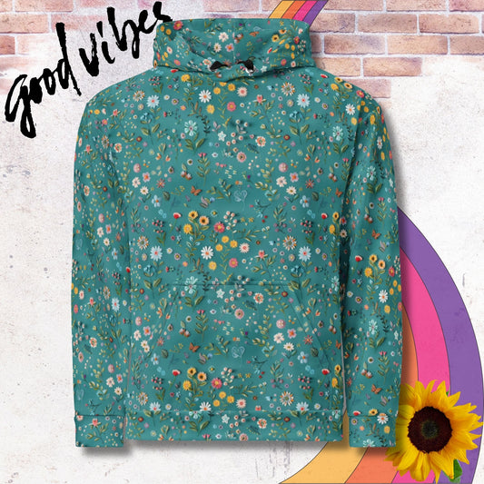 All over print unisex hoodie. Embroidered style florals on light green background