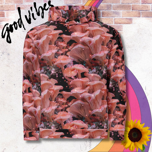 All over print unisex hoodie. Large glittering pink oyster mushrooms