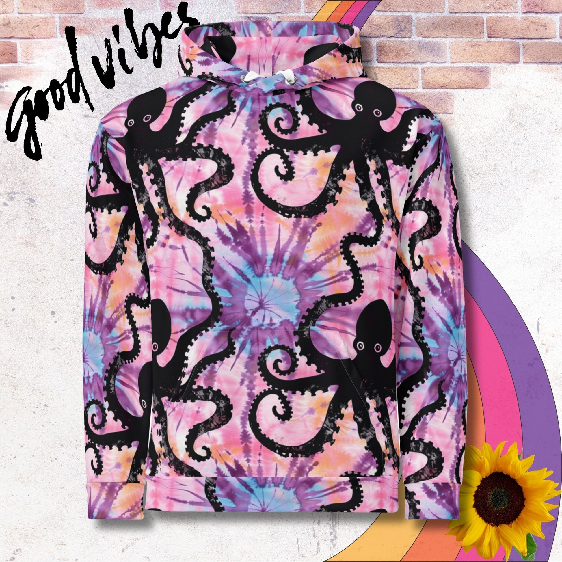 All over print unisex hoodie. Pink tie dye with black Octupus print