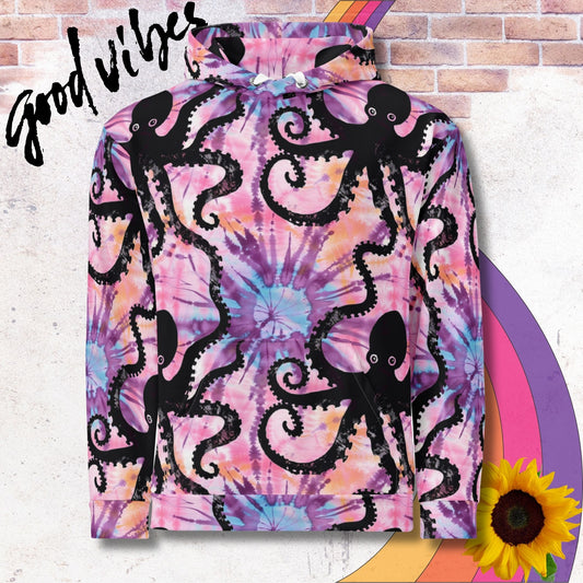 All over print unisex hoodie. Pink tie dye with black Octupus print