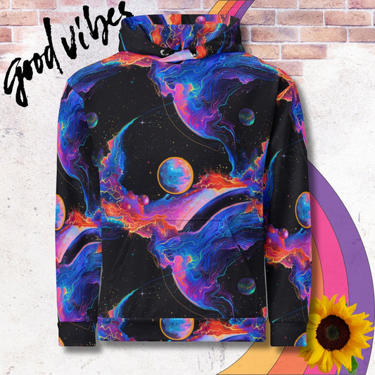 All over print unisex hoodie. Colorful space flares and planets