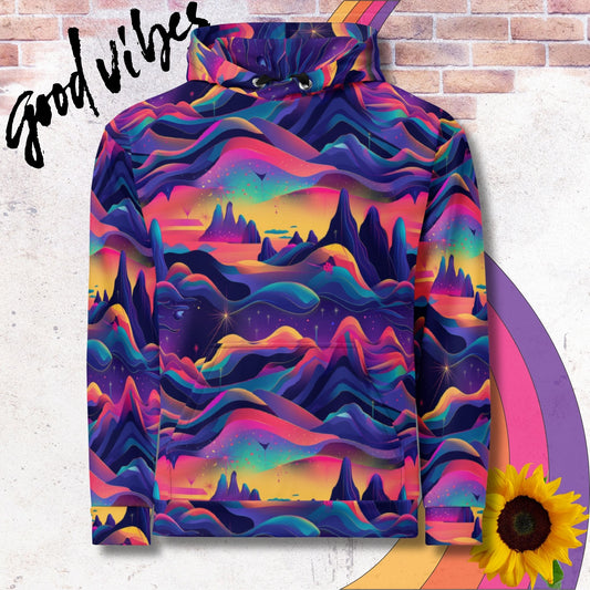 All over print unisex hoodie. Psychedelic rainbow landscape, layers of rolling hills and mountain patterns