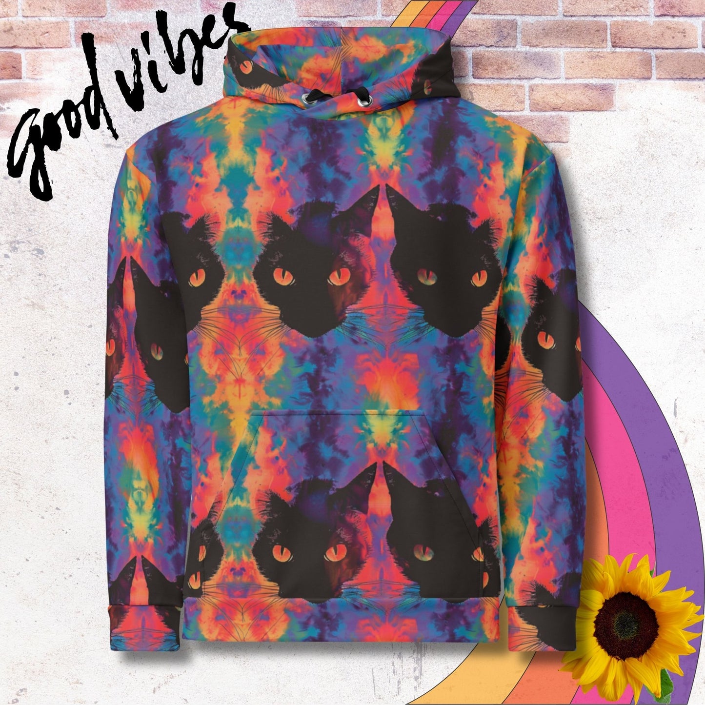 All over print unisex hoodie. Rainbow tie dye with black cat faces