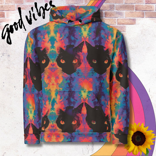 All over print unisex hoodie. Rainbow tie dye with black cat faces