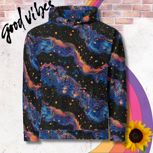 All over print unisex hoodie. Blue ripples with space