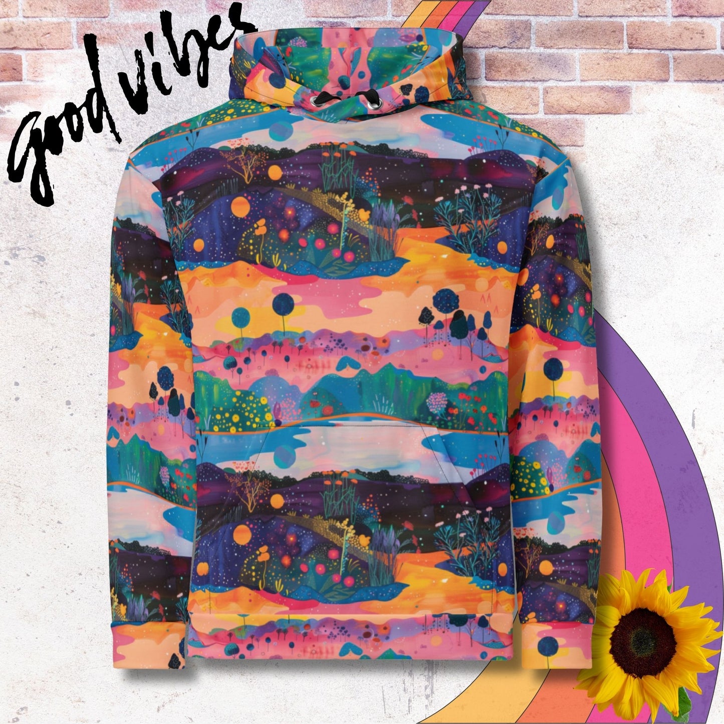All over print unisex hoodie. Colorful rolling meadow patterns in blues, pinks and light oranges