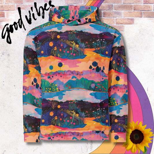 All over print unisex hoodie. Colorful rolling meadow patterns in blues, pinks and light oranges