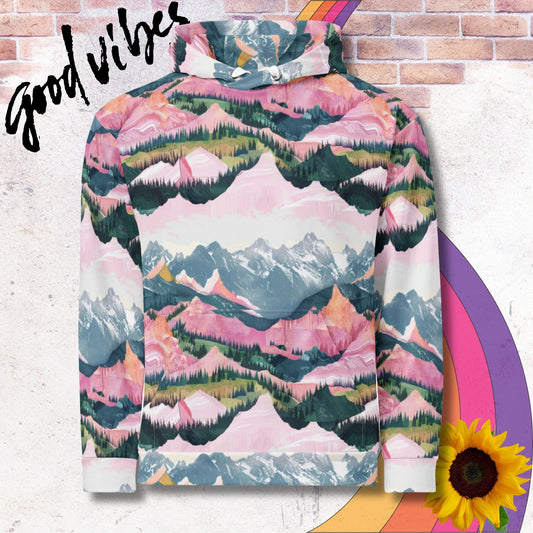 All over print unisex hoodie. Snowy mountain peaks, layers of green tree lines, pink hills and white skies