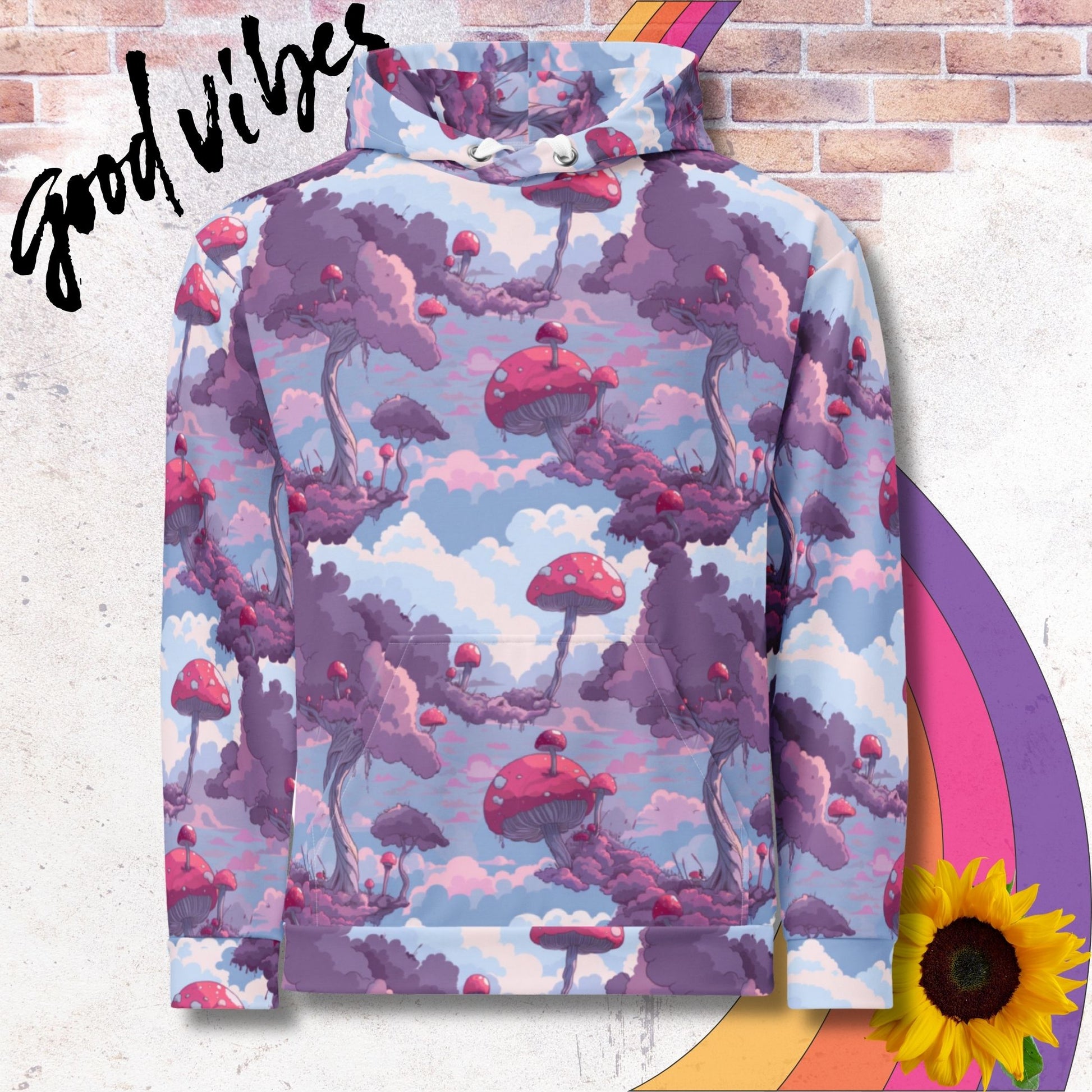 All over print unisex hoodie. Purple and white clouds with red mushrooms