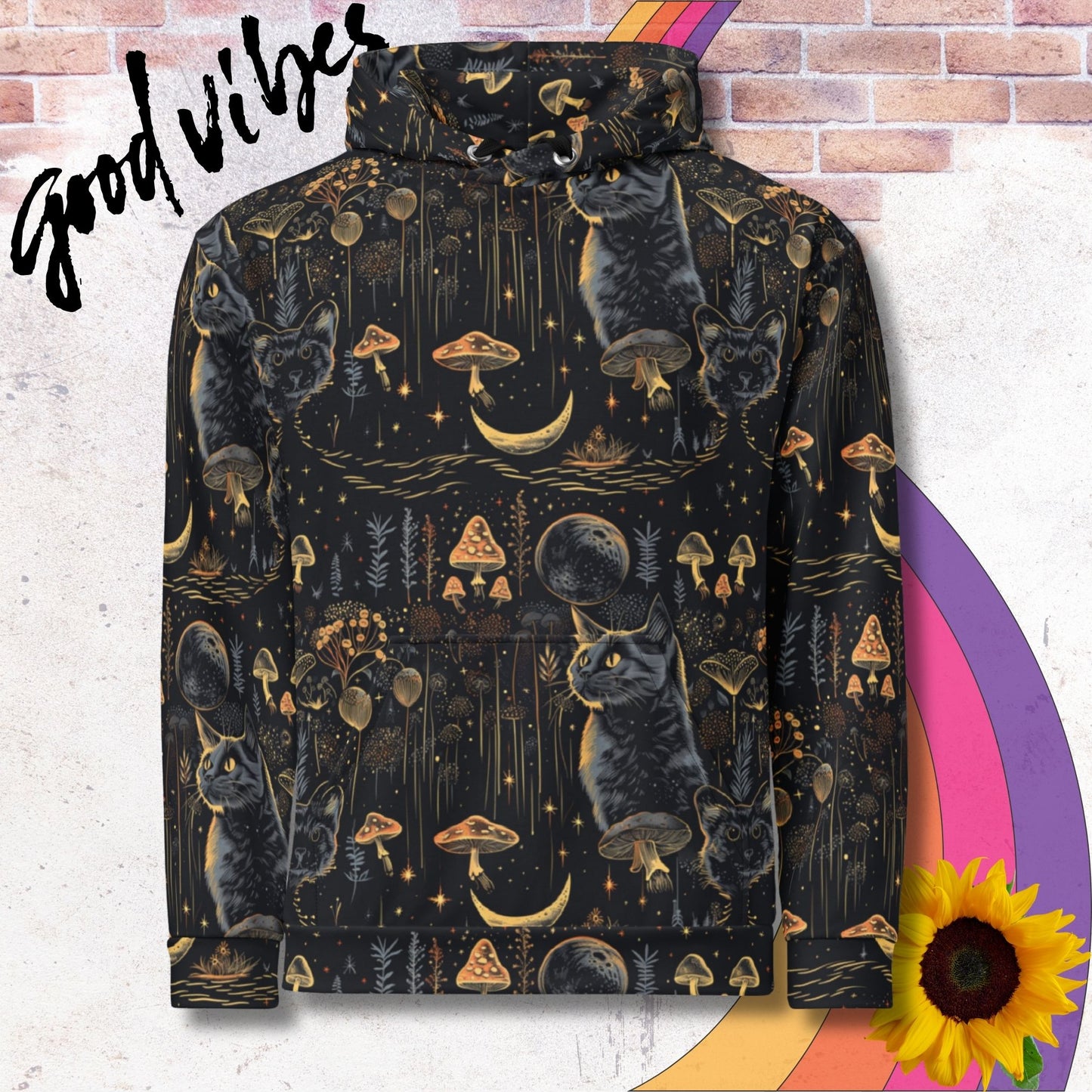 All over print unisex hoodie. Witchy mystical pattern with cats, mushrooms and moons