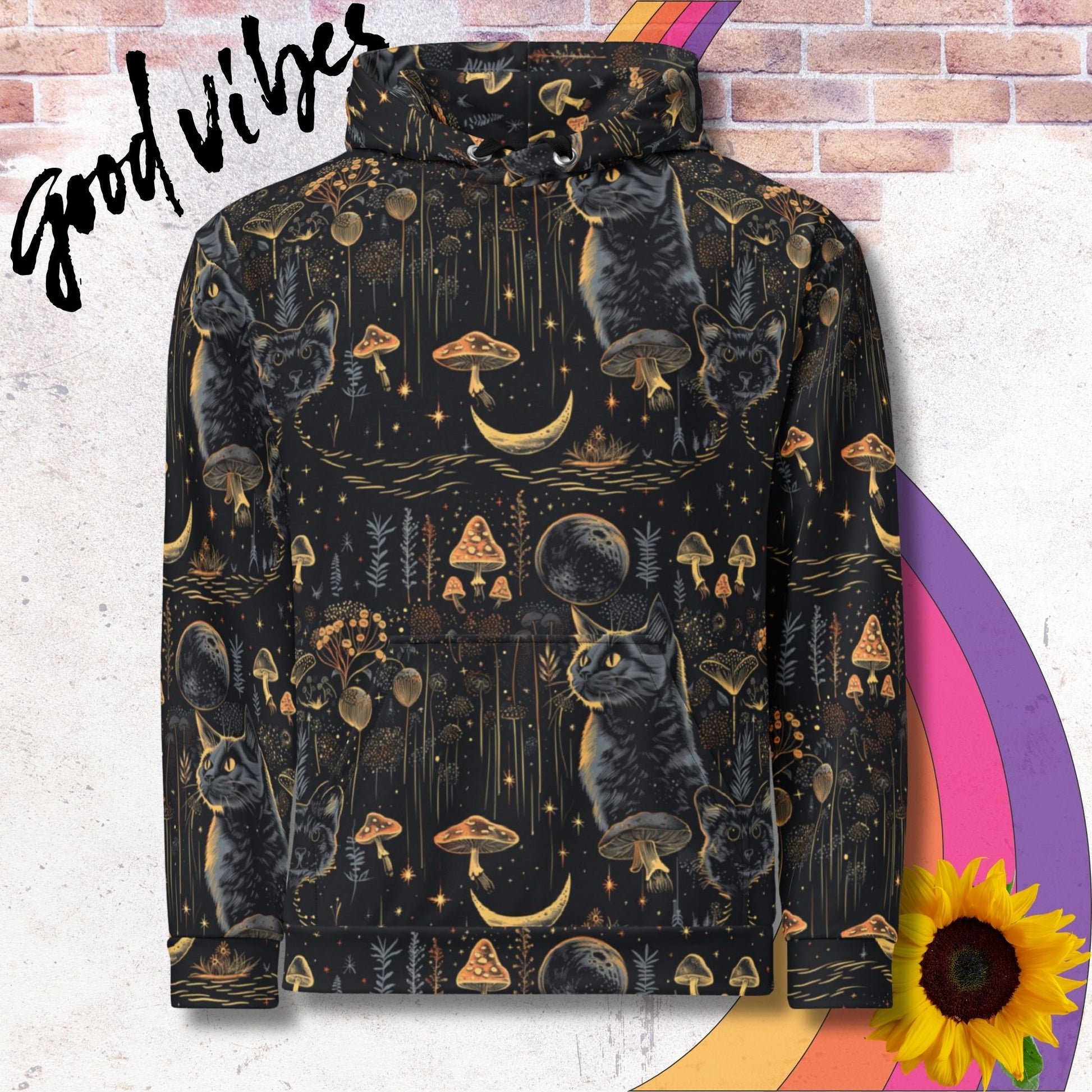 All over print unisex hoodie. Witchy mystical pattern with cats, mushrooms and moons