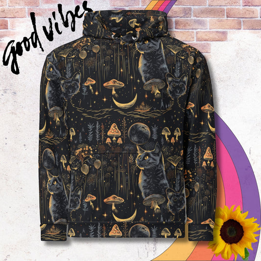 All over print unisex hoodie. Witchy mystical pattern with cats, mushrooms and moons