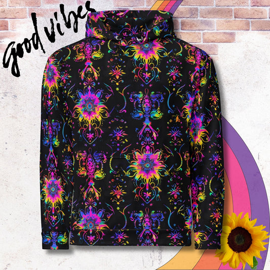 All over print unisex hoodie. Psychedelic rainbow fractal patterns, black background