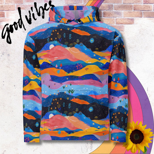 All over print unisex hoodie. Psychedelic colorful layers of rolling hills and starry night sky