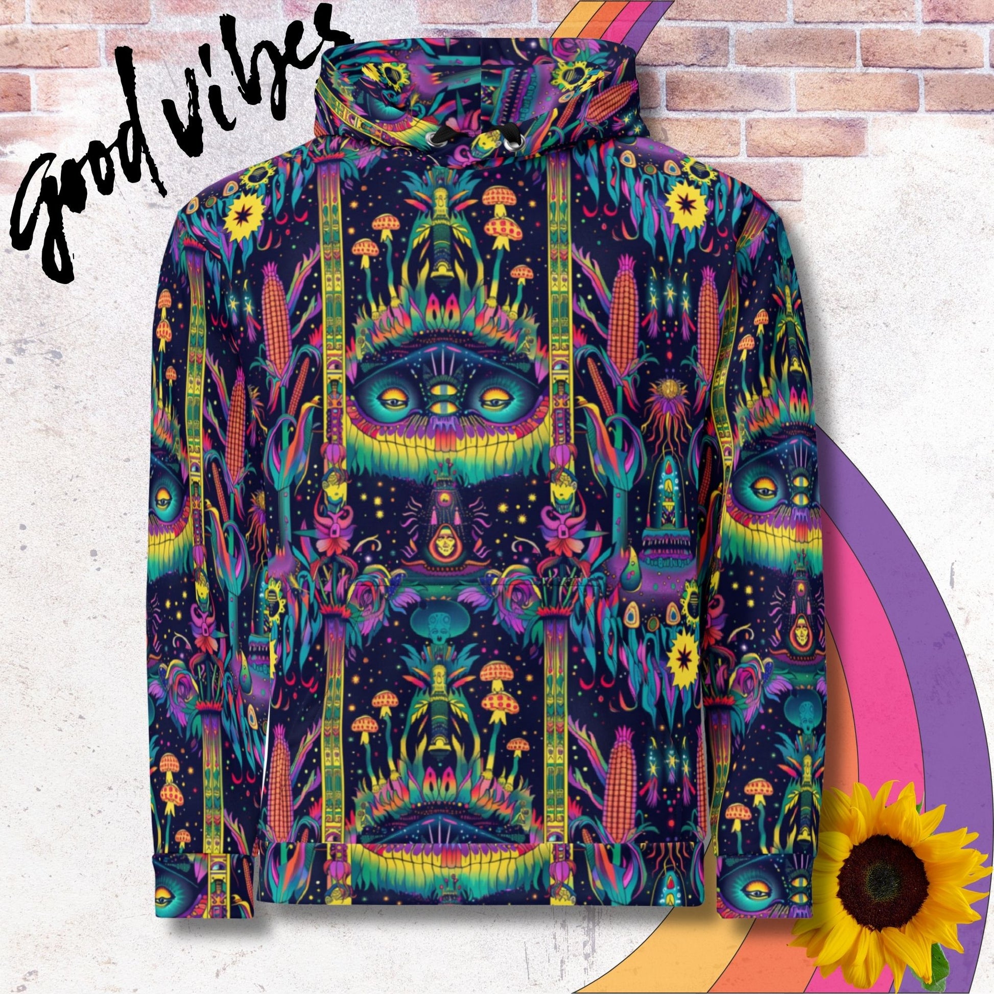 All over print unisex hoodie. Psychedelic rainbow trippy Aztec patterns
