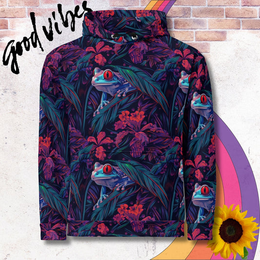 All over print unisex hoodie. Tree frog in dense red and green foliage