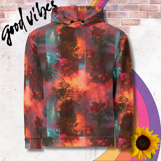 All over print unisex hoodie. Fiery orange tropical vibes, red and green florals