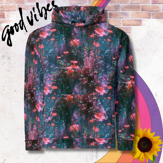 All over print unisex hoodie. Red blooms in a deep blue underwater scene