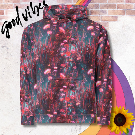 All over print unisex hoodie. Fields of vermillion/ crimson dandelions over a deep teal background