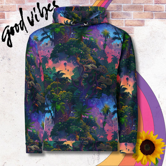 All over print unisex hoodie. Colorful vibrant orange and purple skies peeking through jungle treetop canopies