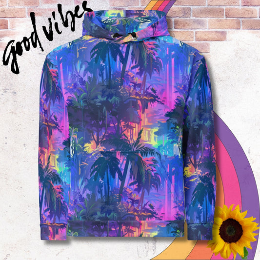 All over print unisex hoodie. Hazy violet rainbows waterfalls through a jungle river