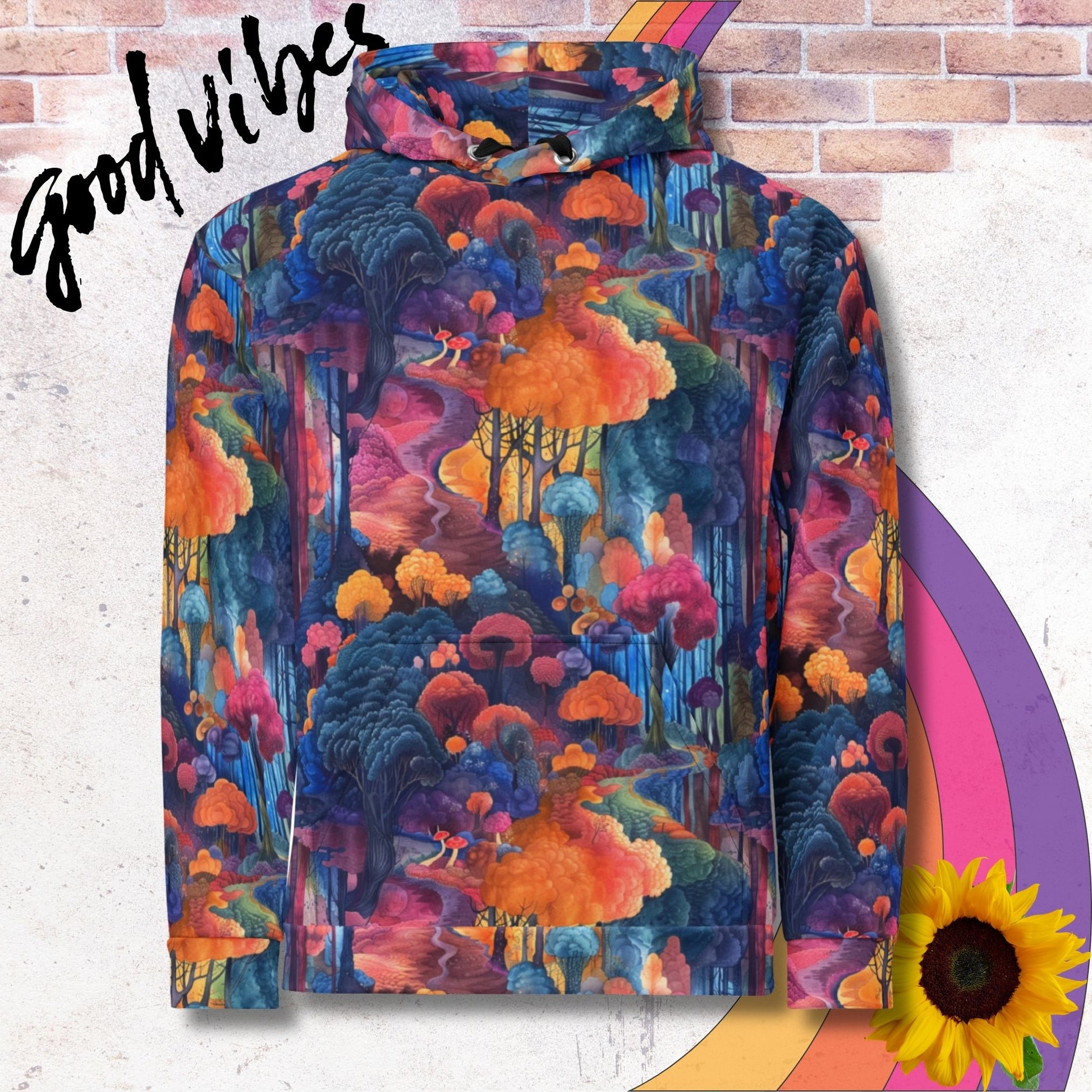 All over print unisex hoodie. Colorful watercolor pencil drawing style walk through the woods