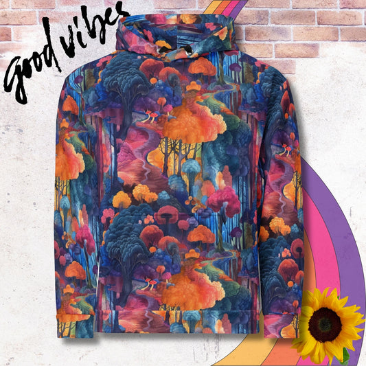 All over print unisex hoodie. Colorful watercolor pencil drawing style walk through the woods