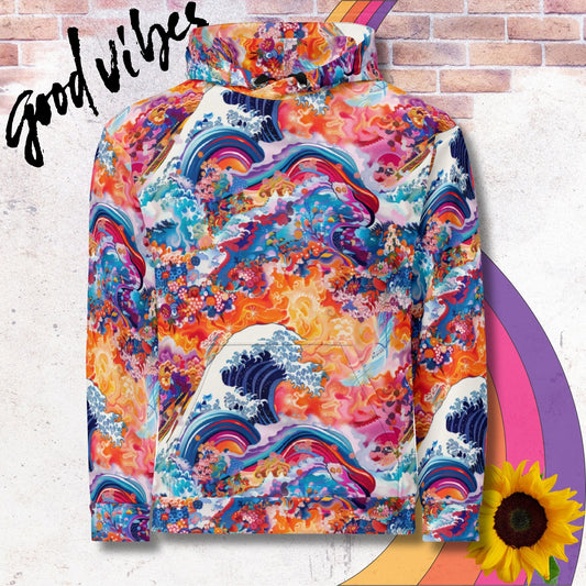 All over print unisex hoodie. Japanese woodblock print, The great wave of Kanagawa psychedelic over patterns of orange and delicate florals