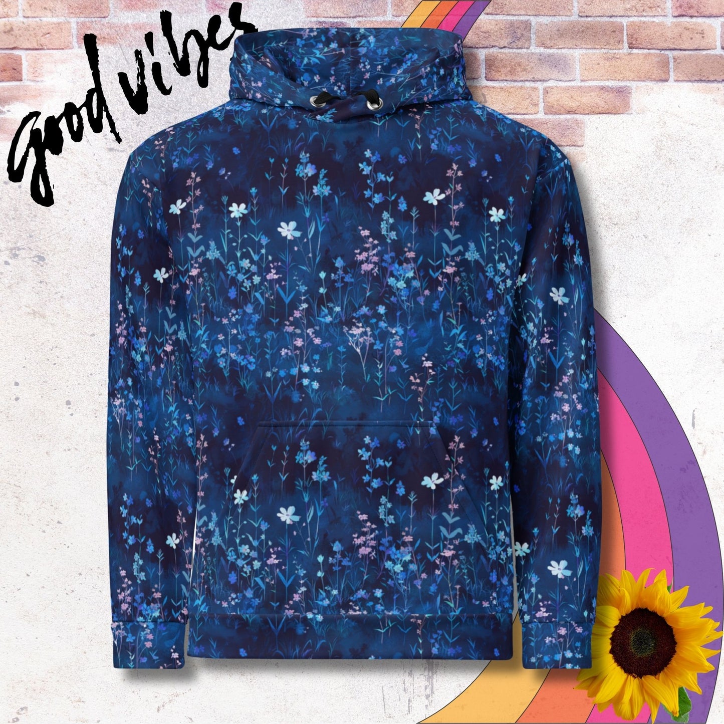 All over print unisex hoodie. Blue fields of florals