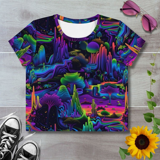 Women's al over print cropped t-shirt. Psychedelic alien landscape in vibrant purples and greens