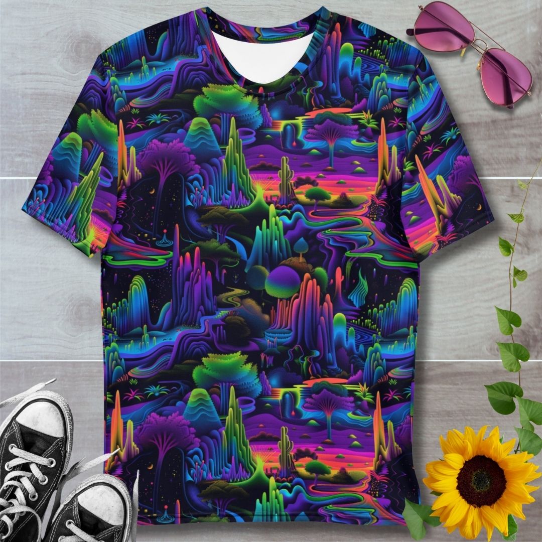 a colorful mens tshirt with vibrant neon colors and an alien landscape design with trees, rainbow rivers and towering columns