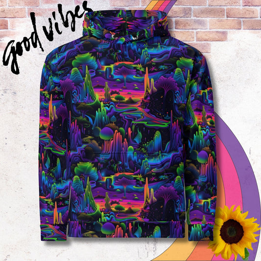 All over print unisex hoodie. Psychedelic alien planet, vibrant neon colors
