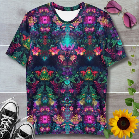 a men's t-shirt with a kaleidoscopic pattern of flowers and foliage 