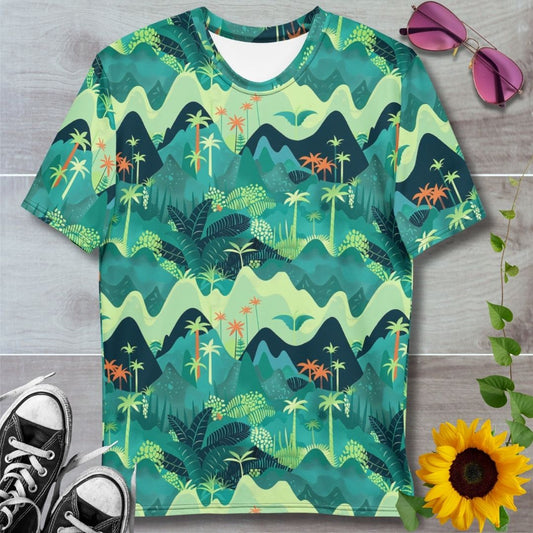 a men's t-shirt with pastel and dark green design depicting trees and hills