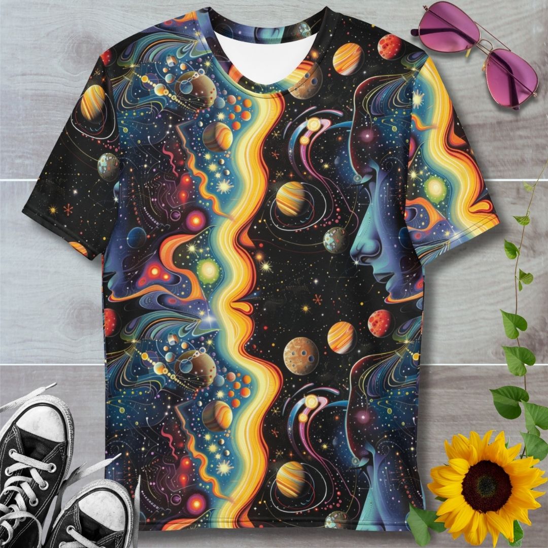 men's t-shirt with all over print sci fi planets and stars design