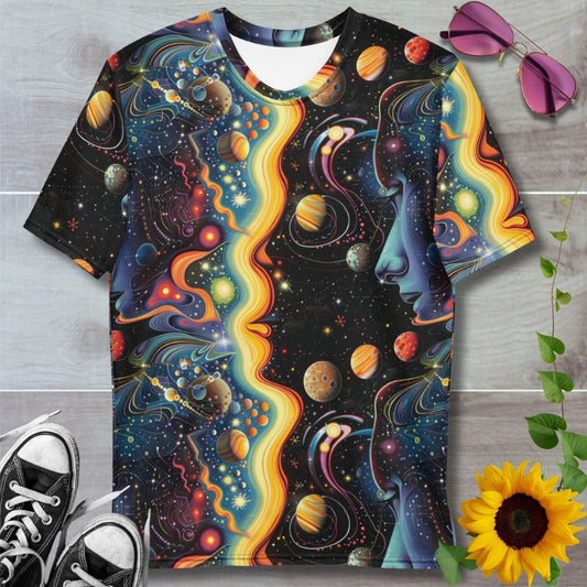 men's t-shirt with all over print sci fi planets and stars design