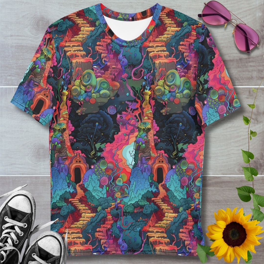 colorful psychedelic men's t-shirt showing castles and forest. perfect for adventurers.