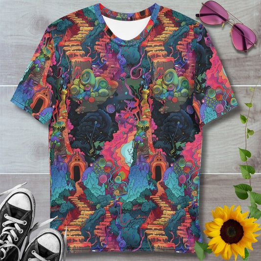 colorful psychedelic men's t-shirt showing castles and forest. perfect for adventurers.