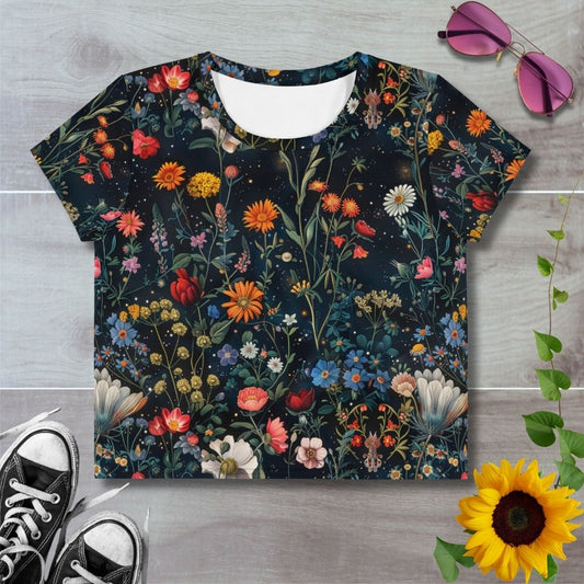 Women's all over print cropped t-shirt. Midnight floral wildflower pattern