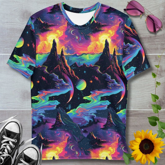 men's t-shirt with all over print space themed glowing galaxy