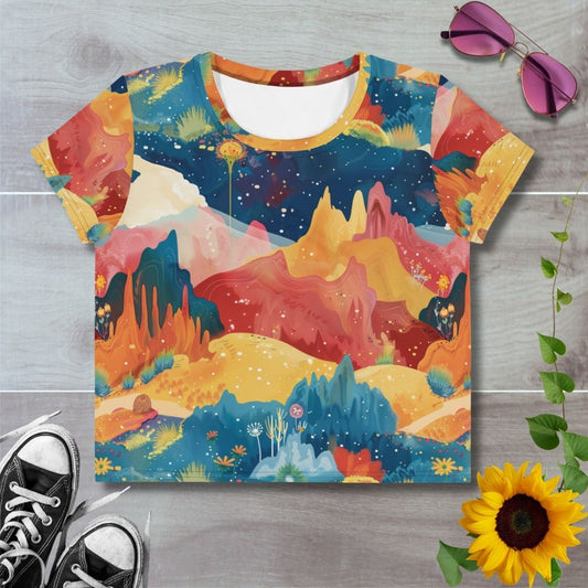 Women's all over print cropped t-shirt. Autumn Fall colors hills and meadows, starry sky