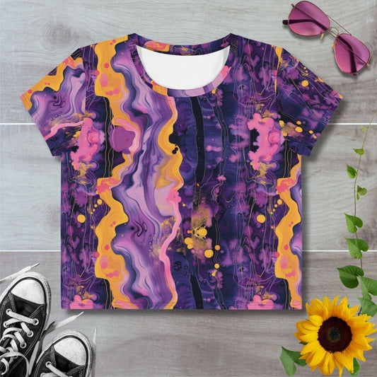 Women's all over print cropped t-shirt. Psychedelic orange and purple ripple pattern