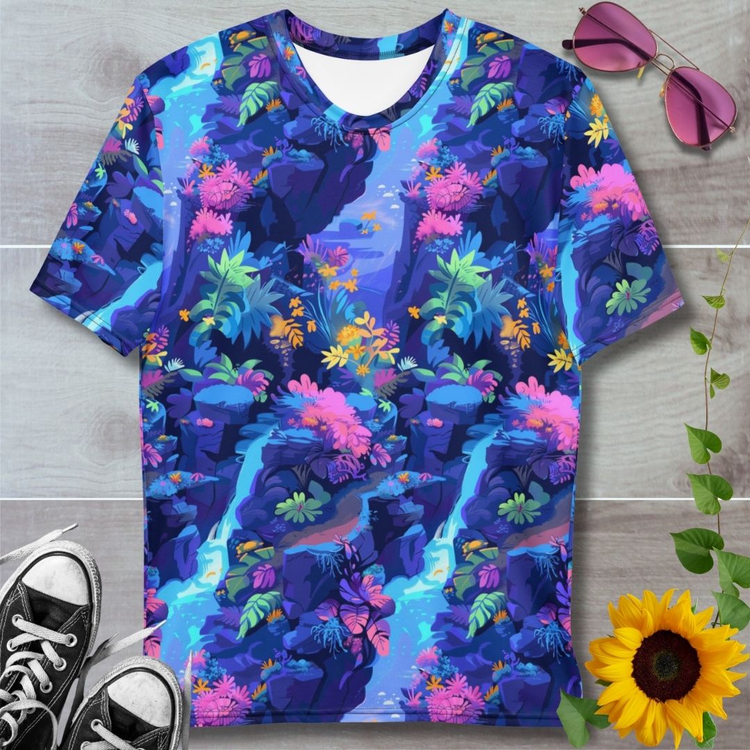 men's t-shirt with all over print blue nature design with waterfalls, rocks and pink foliage