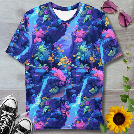 men's t-shirt with all over print blue nature design with waterfalls, rocks and pink foliage