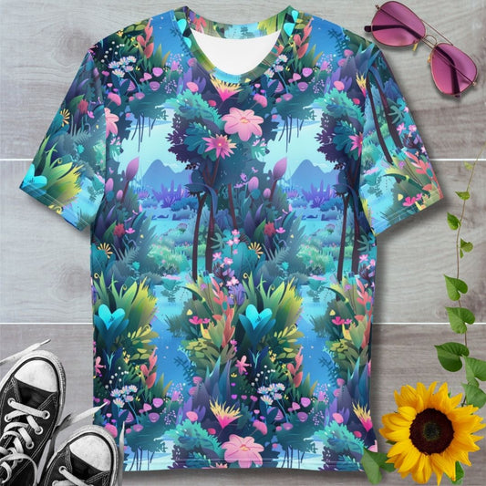 men's t-shirt with all over print, blue nature design depicting flowers, foliage, trees and mountains