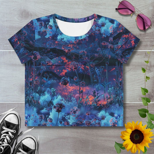 Women's all over print cropped t-shirt. Blueberry crimson cosmic dandelions