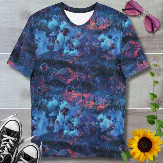 men's t-shirt with all over print design of a blue martian field filled with dandelions
